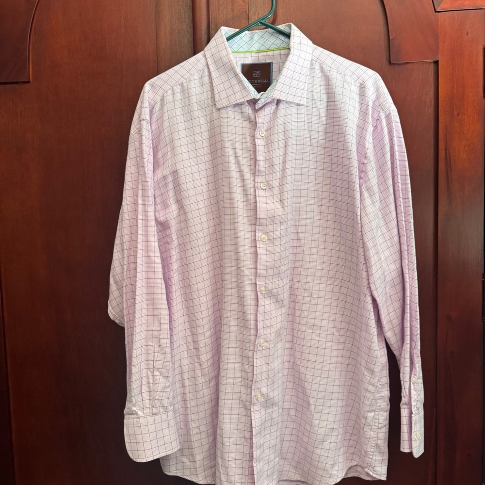 Tattersall London button down dress shirt in a pink grid pattern 17.5 32/33